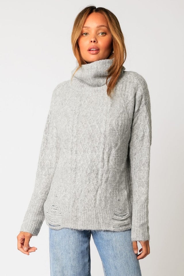 Olivaceous frayed deconstruced turtleneck sweater